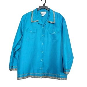 Diane Gilman Women’s Sz 2X Silk Turquoise Blouse/Jacket Gold Trim NWT